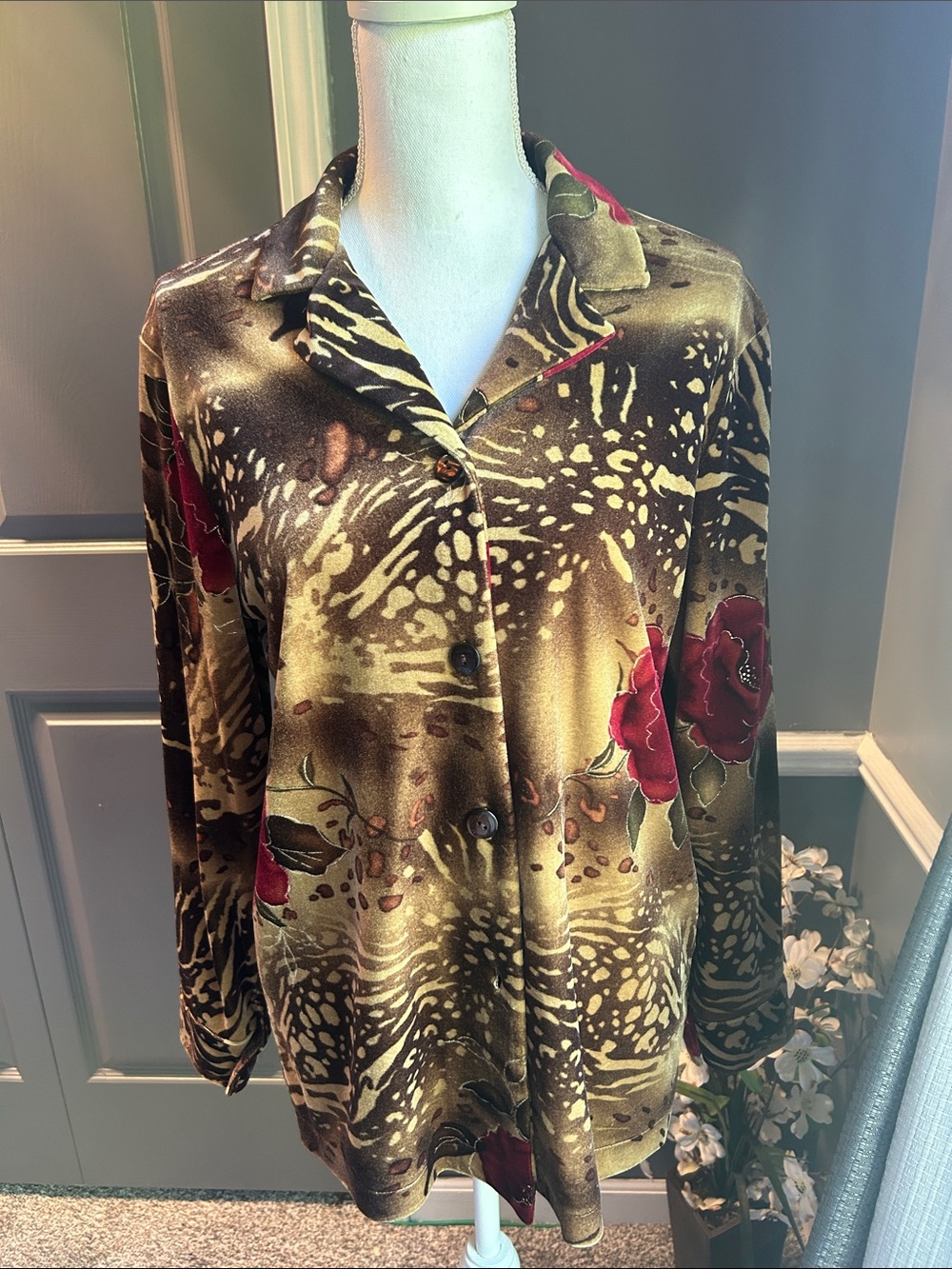 Islander Brown Button-Down Top with Red Floral Accent